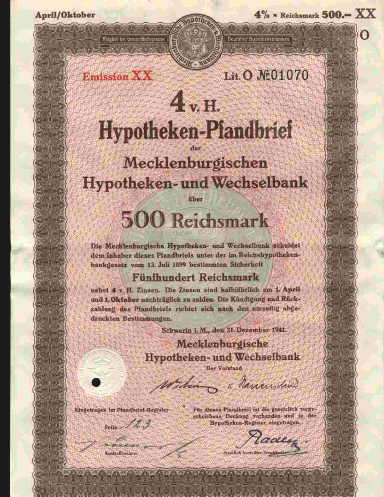 MECKLENBURGISCHEN HYPOTHEKEN UND WECHSELBANK, SCHWERIN 4% 500 REICHSMARK DEC 1941 - Banque & Assurance