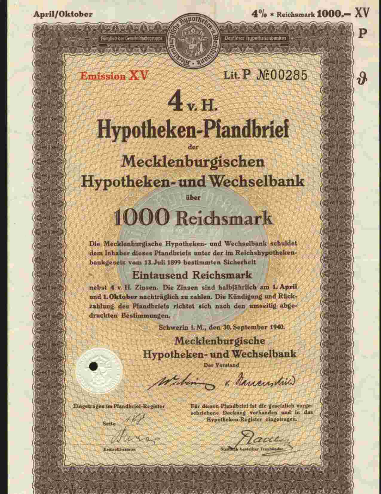 MECKLENBURGISCHEN HYPOTHEKEN UND WECHSELBANK, SCHWERIN 4% 1000 REICHSMARK 1940 - Bank En Verzekering