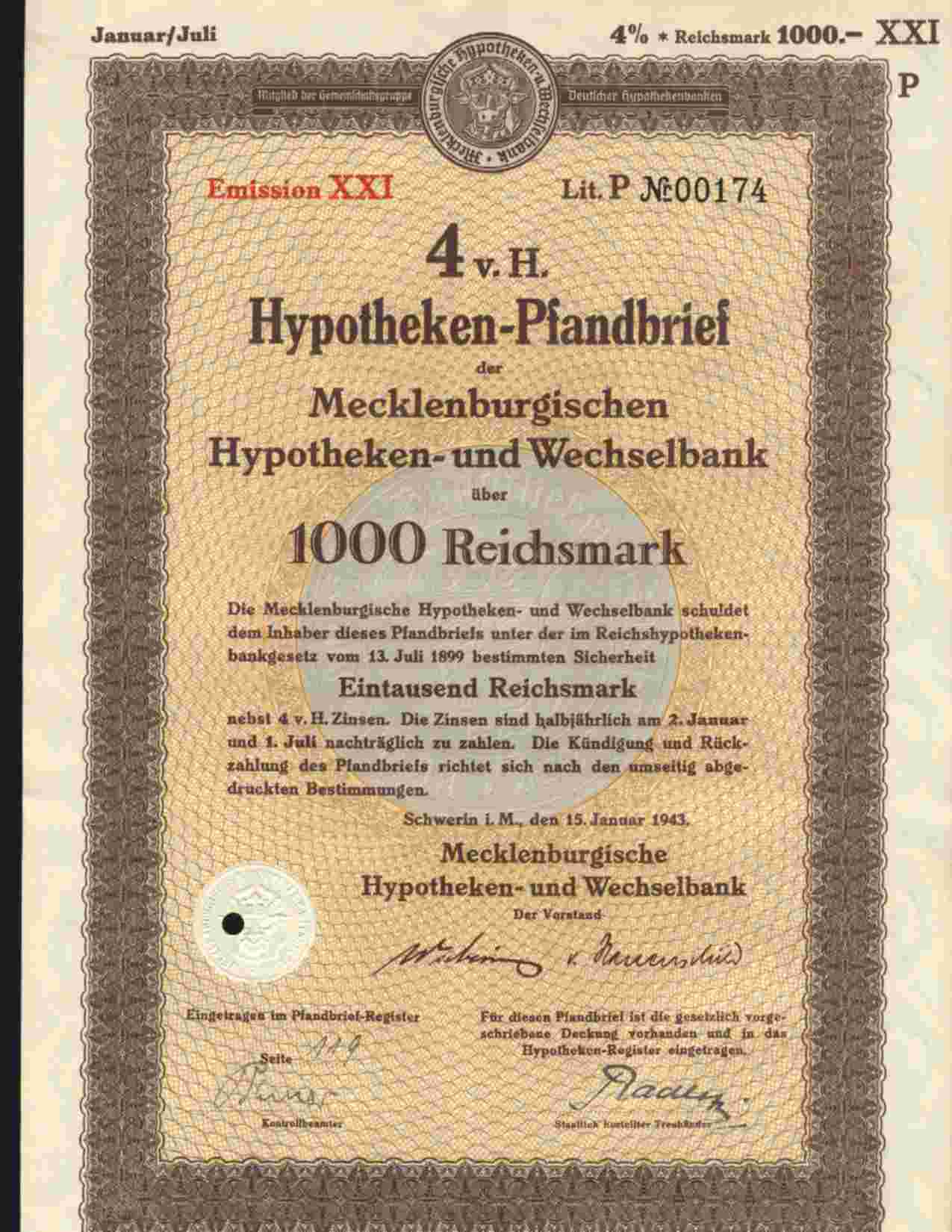 MECKLENBURGISCHEN HYPOTHEKEN UND WECHSELBANK, SCHWERIN 4% 1000 REICHSMARK 1943 - Bank En Verzekering