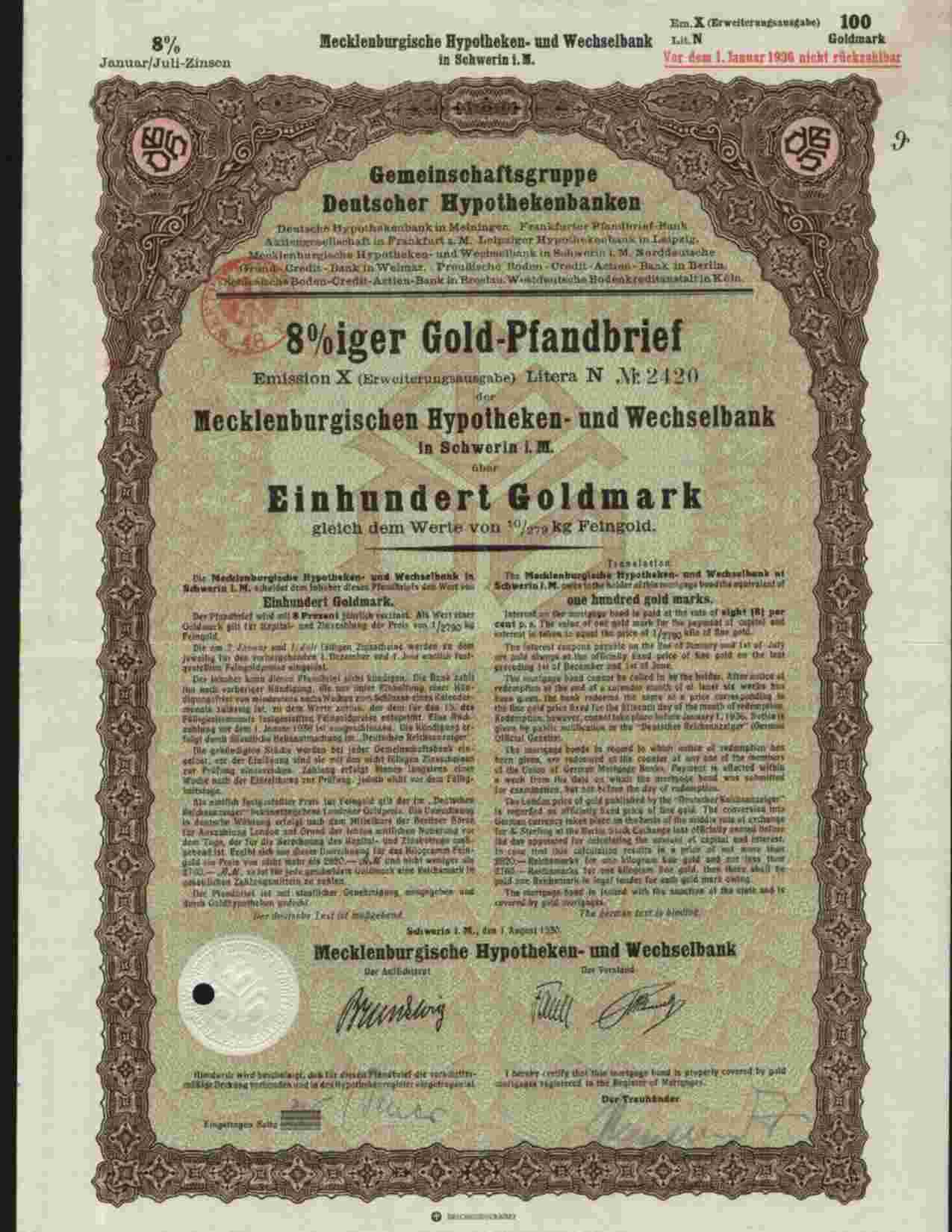 MECKLENBURGISCHEN HYPOTHEKEN UND WECHSELBANK, SCHWERIN 8% 100 GOLDMARK AUG 1930 - Bank En Verzekering