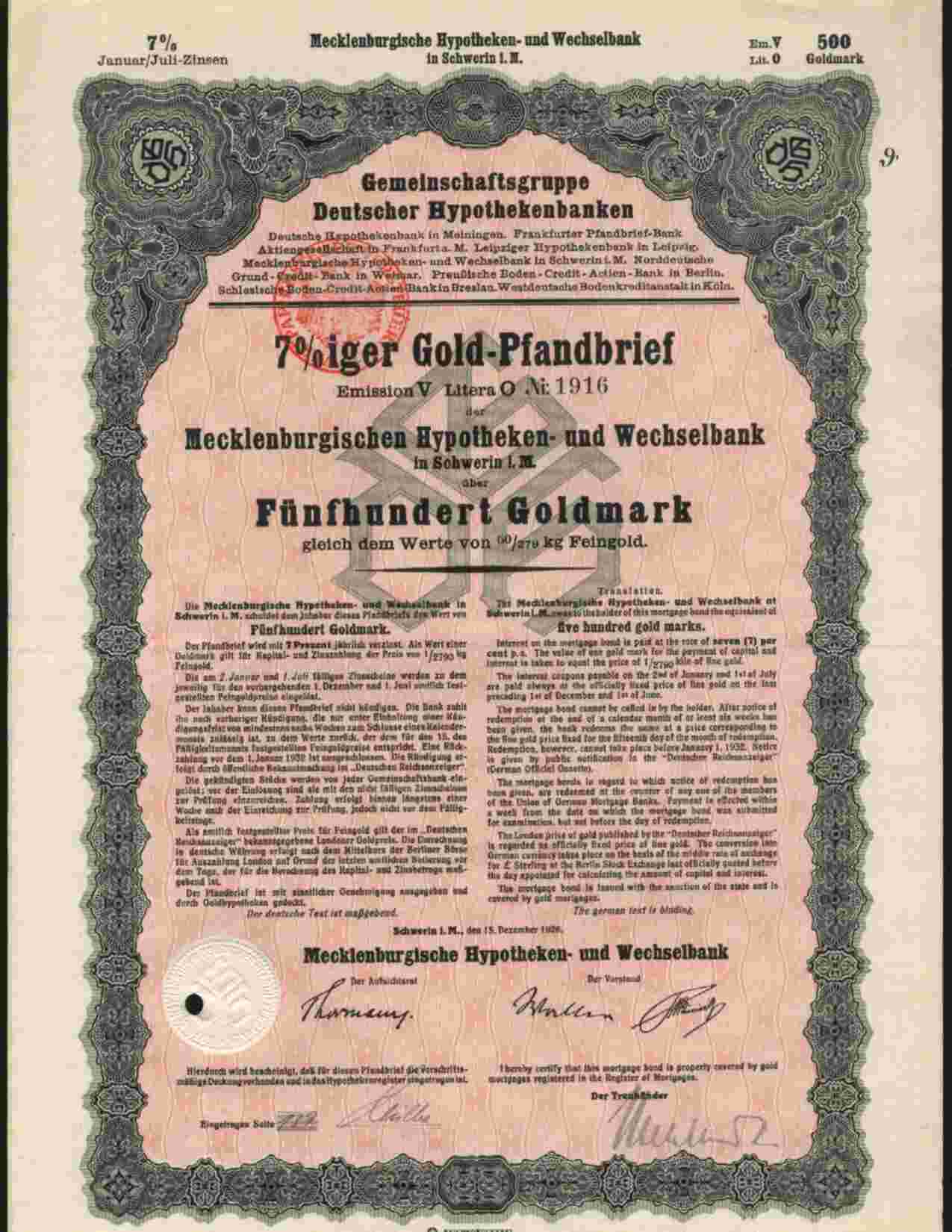 MECKLENBURGISCHEN HYPOTHEKEN UND WECHSELBANK, SCHWERIN 7% 500 GOLDMARK  1926 - Bank En Verzekering