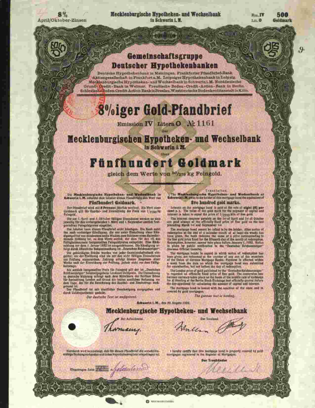 MECKLENBURGISCHEN HYPOTHEKEN UND WECHSELBANK, SCHWERIN 8% 500 GOLDMARK AUG 1926 - Bank En Verzekering