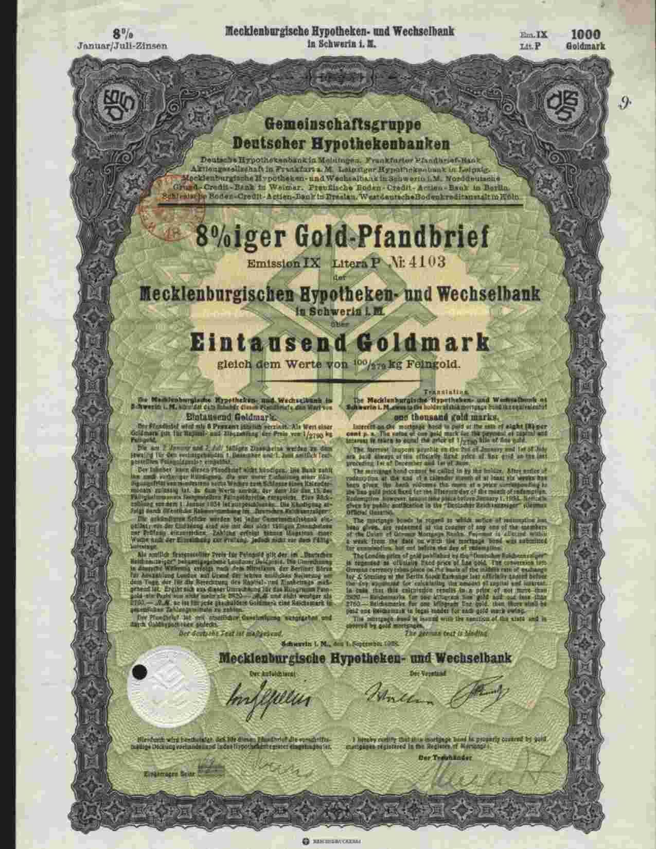 MECKLENBURGISCHEN HYPOTHEKEN UND WECHSELBANK, SCHWERIN 8% 1000 GOLDMARK  1928 - Bank En Verzekering