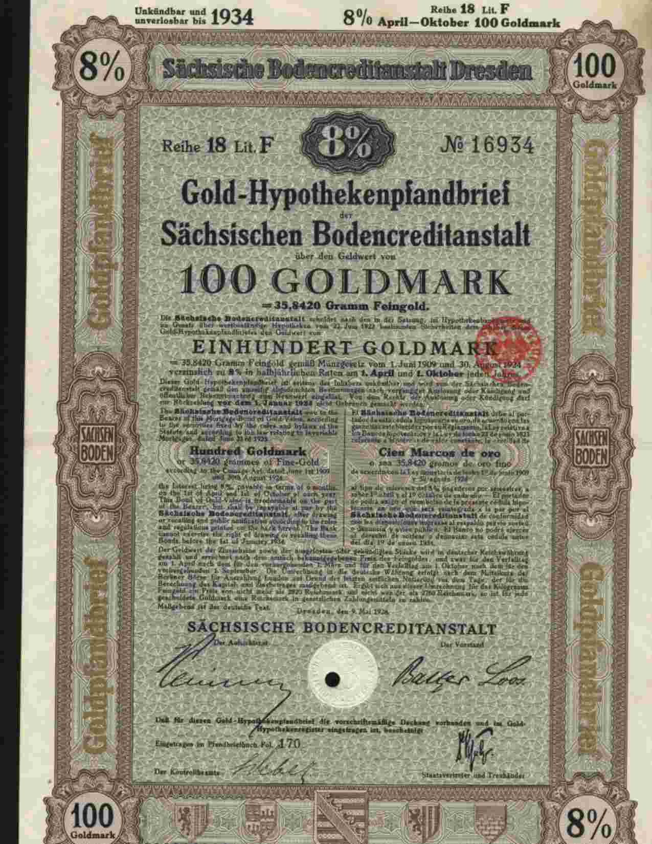 SACHSISCHEN BODENCREDITANSTALT , DRESDEN 8% 100 GOLDMARK MAI 1928 - Banque & Assurance