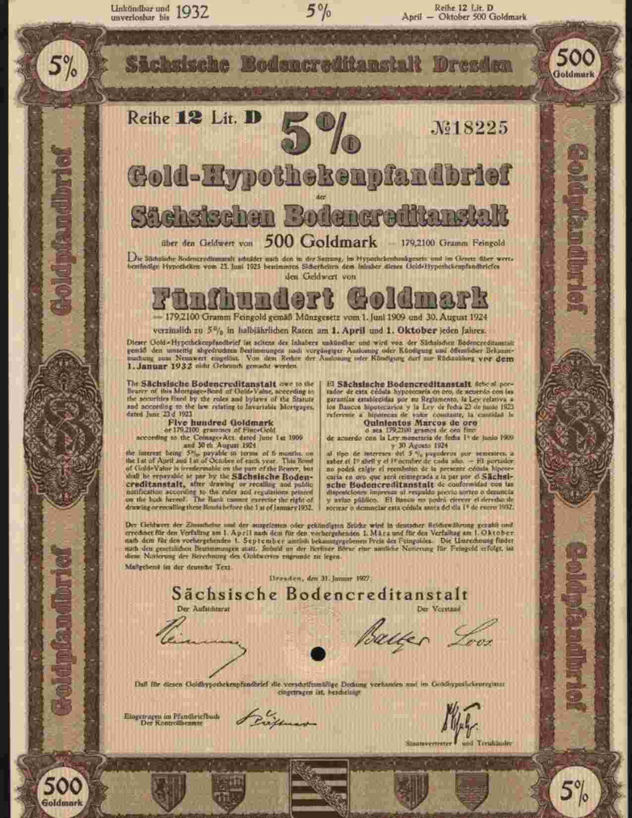 SACHSISCHEN BODENCREDITANSTALT , DRESDEN 5% 500 GOLDMARK  1927 - Bank En Verzekering