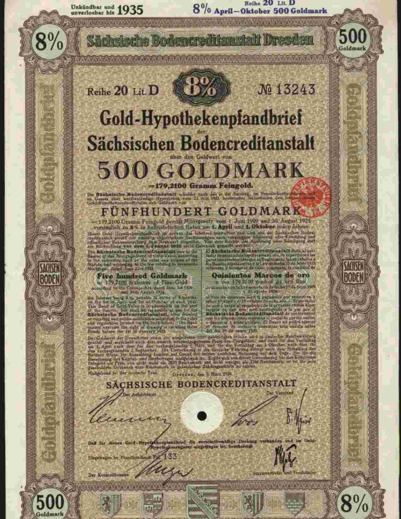 SACHSISCHEN BODENCREDITANSTALT , DRESDEN 8% 500 GOLDMARK MAR 1929 - Banque & Assurance