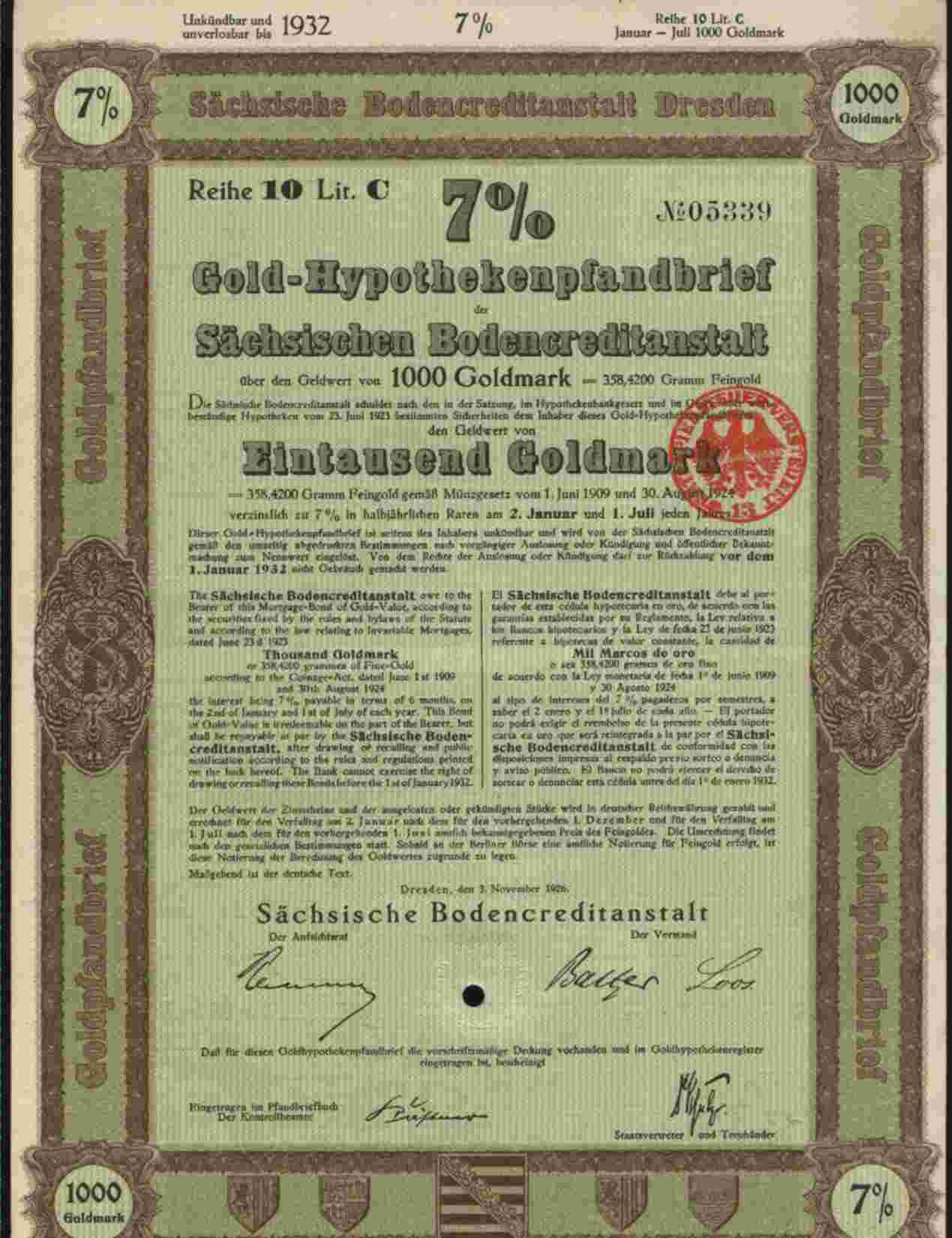 SACHSISCHEN BODENCREDITANSTALT , DRESDEN 7% 1000 GOLDMARK NOV 1926 - Bank & Insurance