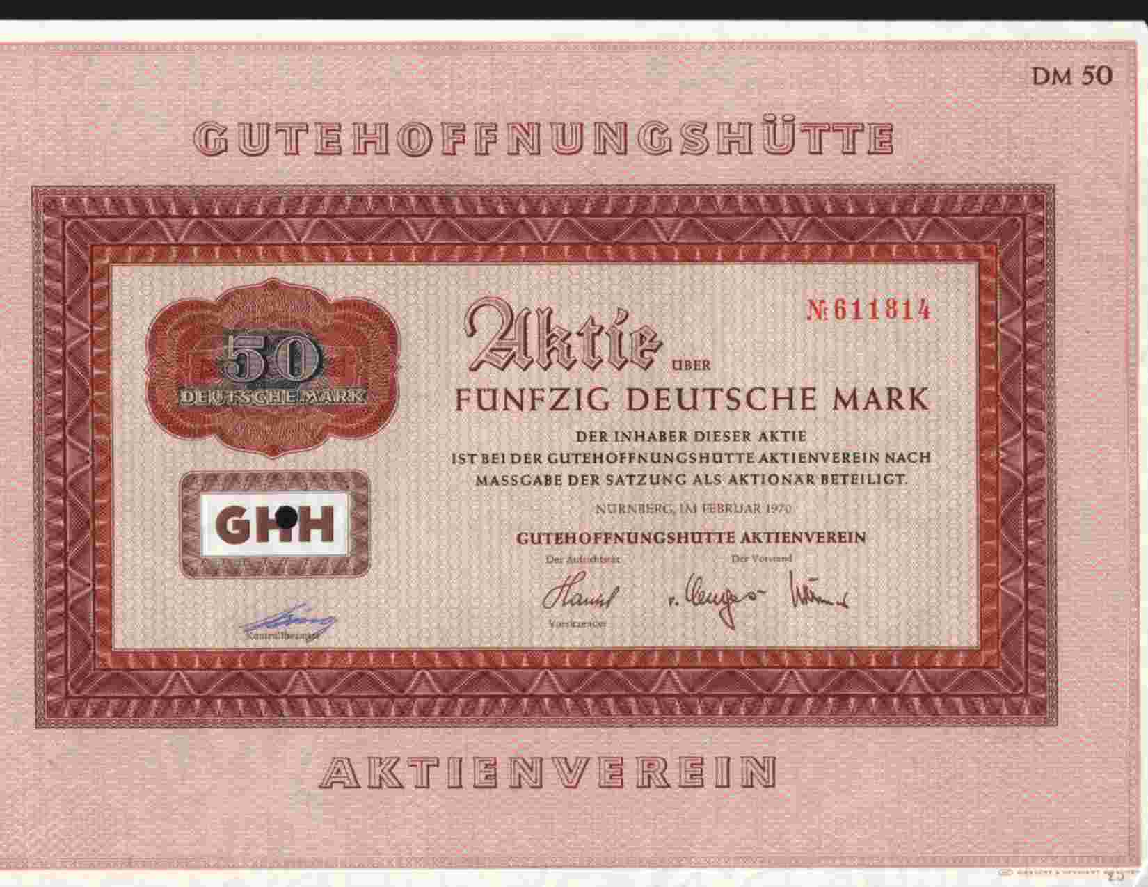 GUTEHOFFNUNGSHUTTE ( NURNBERG / OBERHAUSEN )  50 DM FEB 1970 - Bank & Insurance