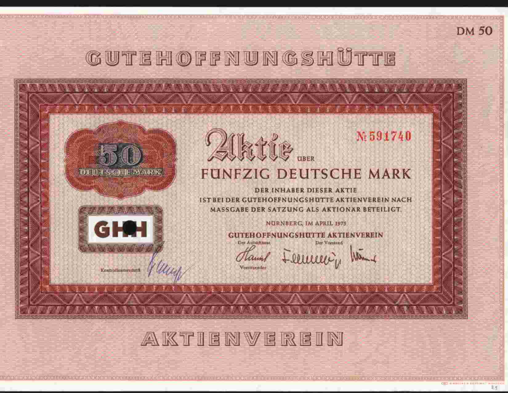 GUTEHOFFNUNGSHUTTE ( NURNBERG / OBERHAUSEN )  50 DM APR 1975 - Bank & Versicherung