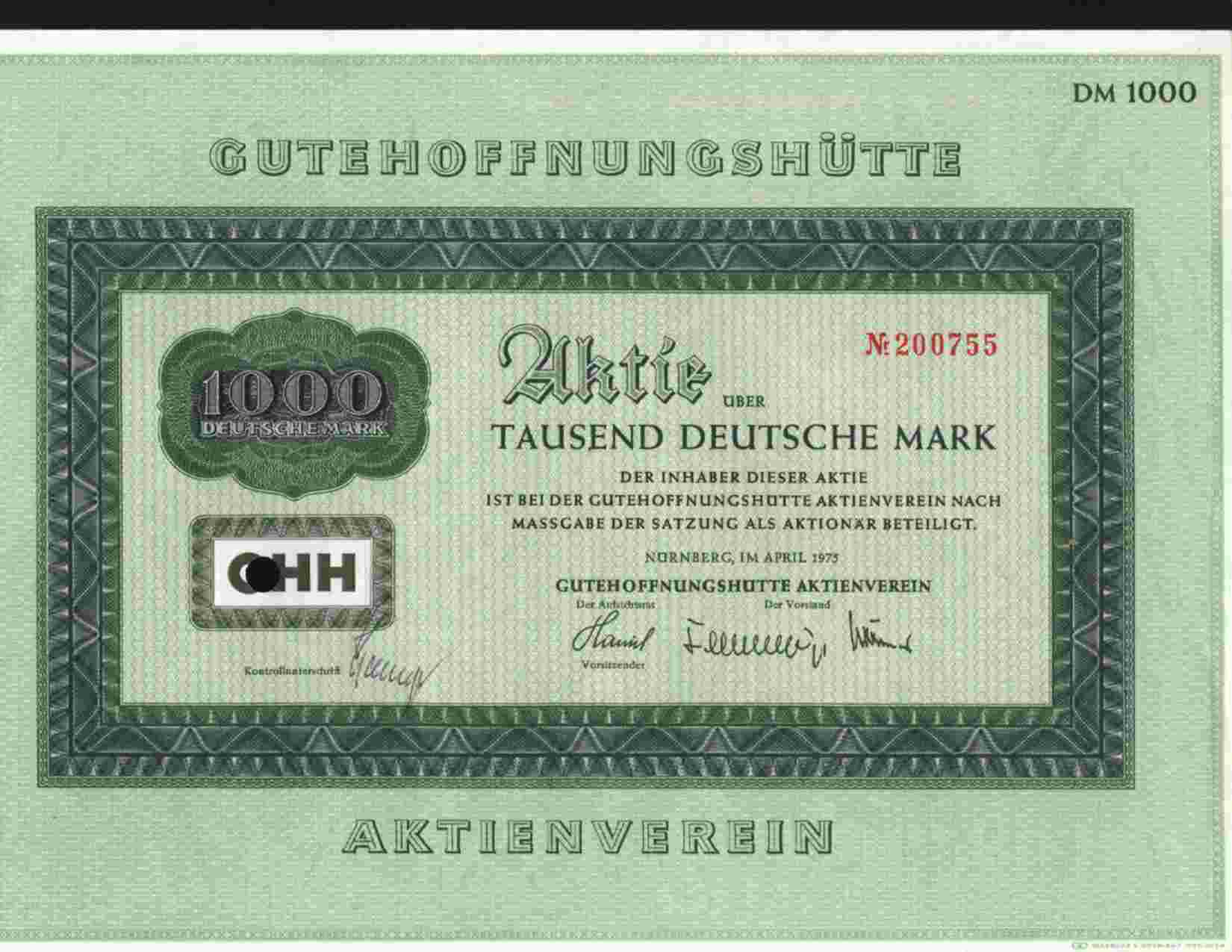 GUTEHOFFNUNGSHUTTE AKTIEVEREIN (NURNBERG / OBERHAUSEN) AKTIE 1000DM APR 1975 - Bank & Versicherung