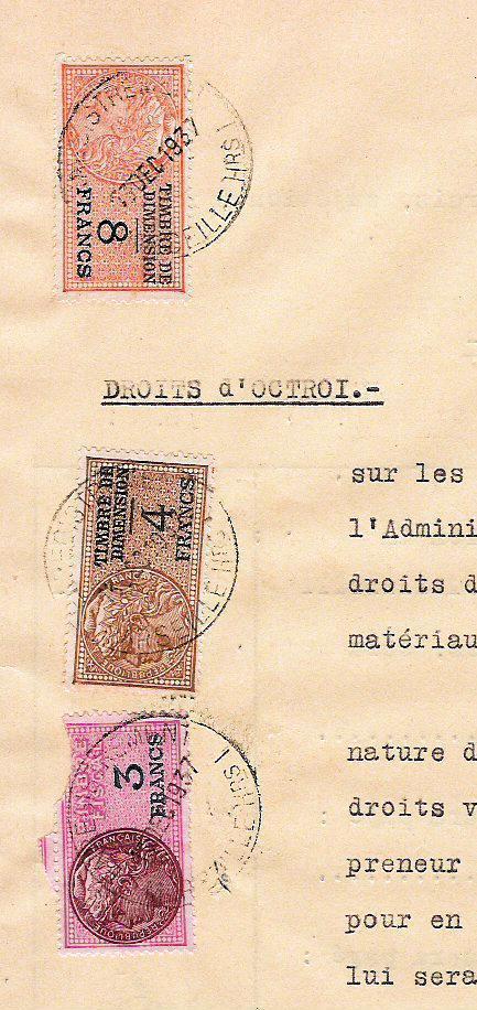 2 TIMBRES DE DIMENSION De 4 Et 8 Francs + FISCAL écorné - 1937 - - Autres & Non Classés