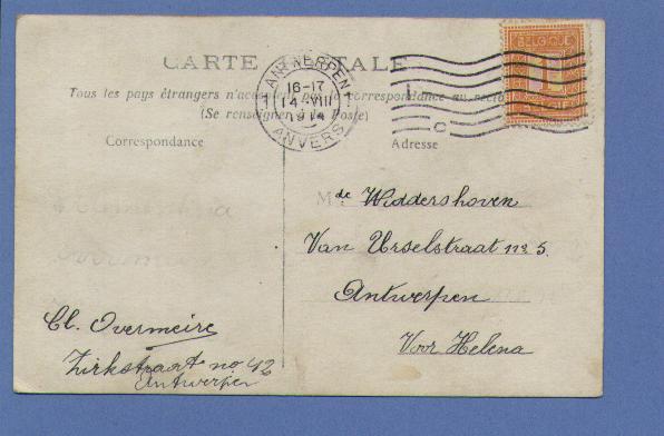108 Op Postkaart, Vlagstempel ANTWEREPEN 1 Op 14/08/1914 (Offensief W.O.I) - Autres & Non Classés