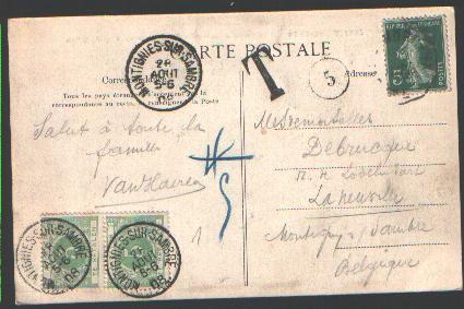 Postkaart  Met Strafportzegels  TX3 (x2),met Cirkelstempel MONTIGNIES-SUR-SAMBRE Op 28/08/1908 - Lettres & Documents