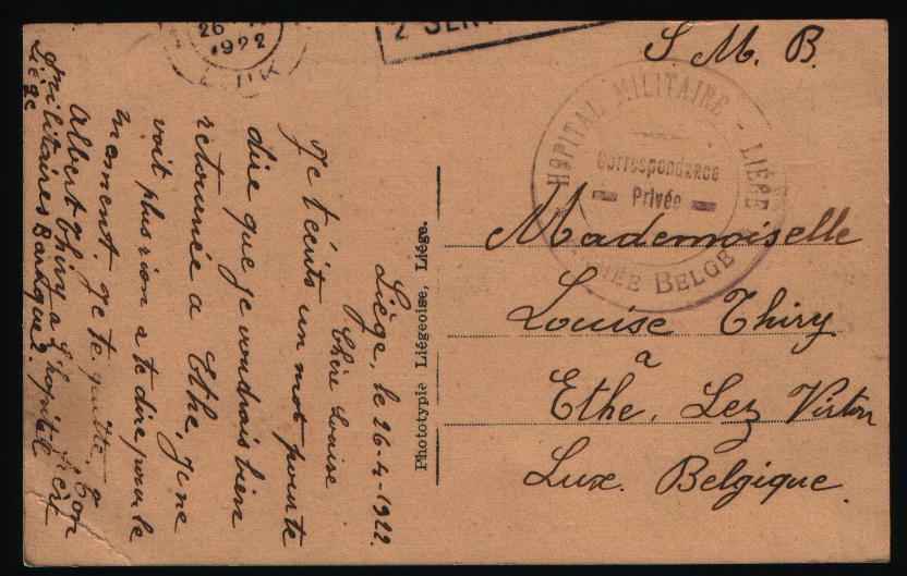 Postkaart Met Stempel HOPITAL MILITAIRE - LIEGE  / ARMEE BELGE  (1922) - Armeestempel