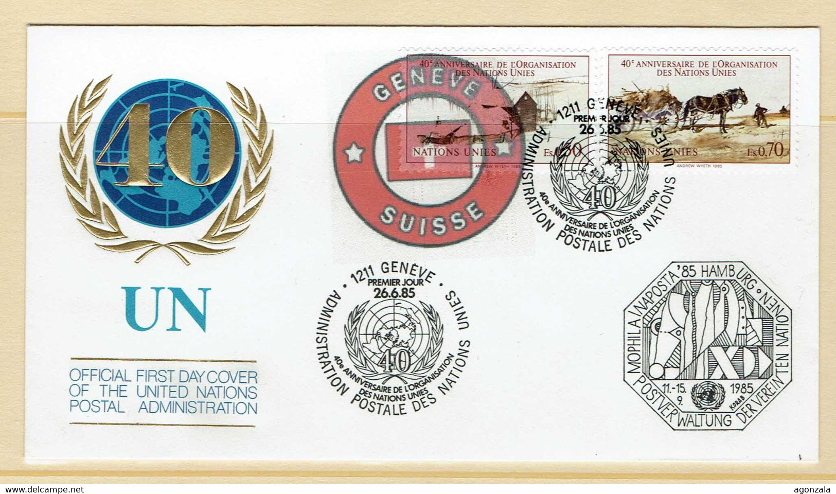FDC 1985 NU NATIONS UNIES 40 ANNIVERSARY GENEVE HAMBURG - Other & Unclassified
