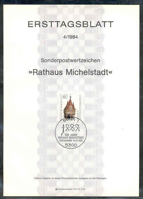 1984 FDC ERSTTAGSBLATT  RATHAUS MICHELSTADT BÂTIMENT TOUR GOTHIQUE - Monumentos