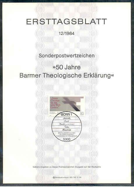 1984 FDC ERSTTAGSBLATT BARMERTHEOLOGISCHE ERKLARUNG THÉOLOGIE THÉOLOGIENS - Other & Unclassified