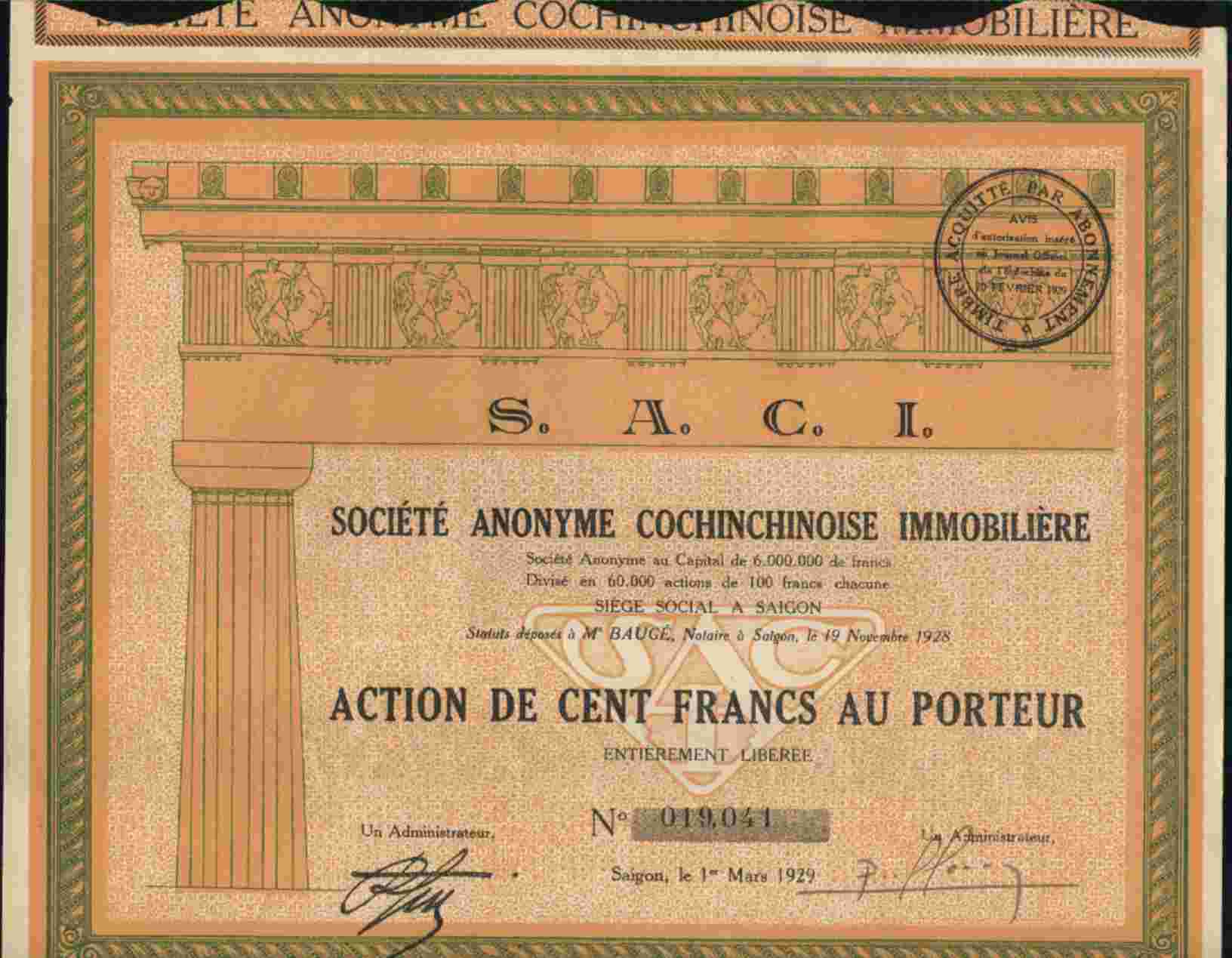 DECO : STE ANONYME COCHINCHINOISE IMMOBILIERE  (INDOCHINE) - Asien