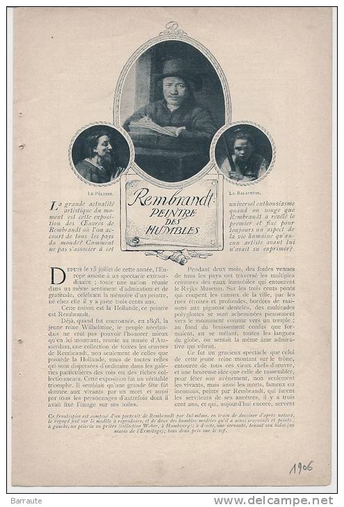 FEUILLET De 1906 ART REMBRANDT Peintre Des Humbles - Documents Historiques