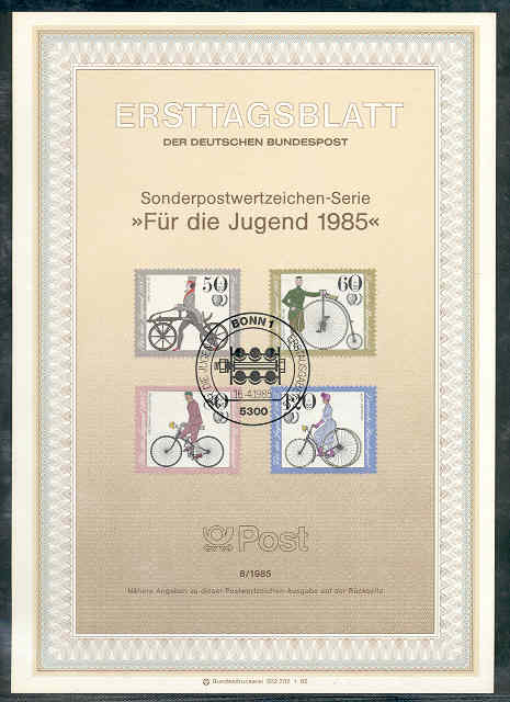 1985 FDC ERSTTAGSBLATT FUR DIE JUGEND BICYCLETTE VIS SET - Vélo