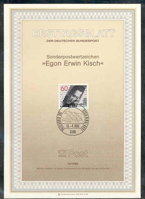 1985 FDC ERSTTAGSBLATT EGON ERWIN KISCH AUTEUR JUIF - Escritores