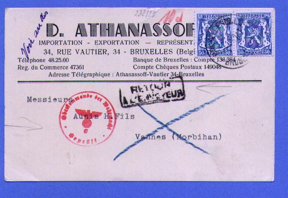426(2) Op Postkaart, Cirkelstempel BRUSSEL Op 1/4/41 Naar France ,met Censuur + Stempel RETOUR A L´ENVOYEUR - Oorlog 40-45 (Brieven En Documenten)