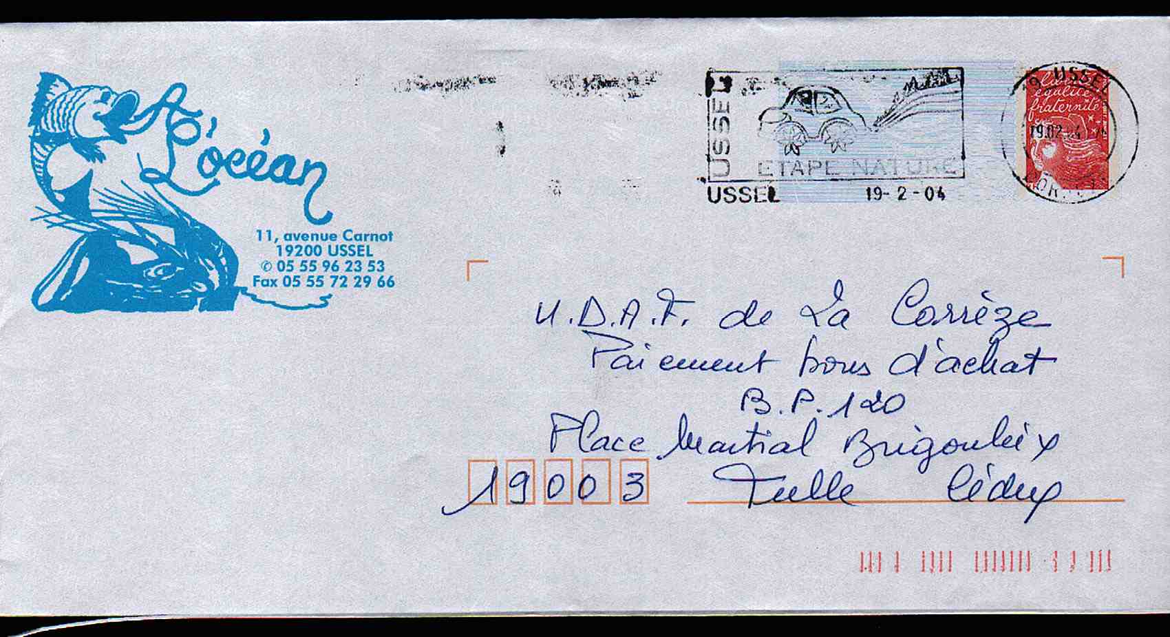 Entier Postal PAP Repiqué. L'Océan (Ussel , Corrèze). Poisson, Crevette - Prêts-à-poster: Repiquages Privés