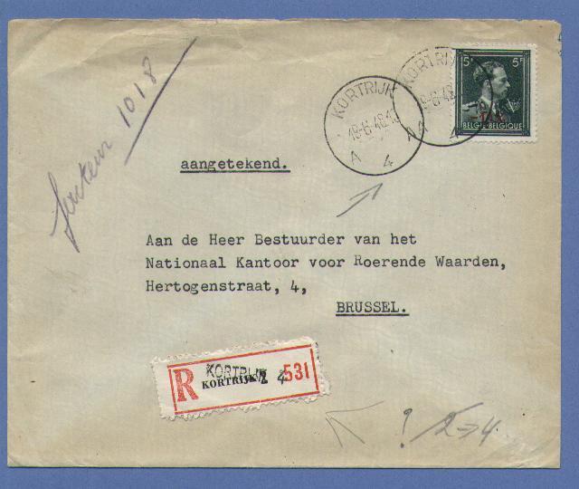 724T Op Aangetekende Brief, Cirkelstempel KORTRIJK 4 Op 19/6/48 , Met Fortune-strookje, KORTRIJK 4 Over 2 Aangebracht - 1946 -10 %