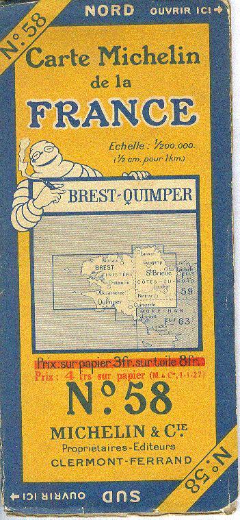 Carte Michelin De La France, Brest-Quimper, N°58, 1/200 000e, 1927 - Cartes Routières