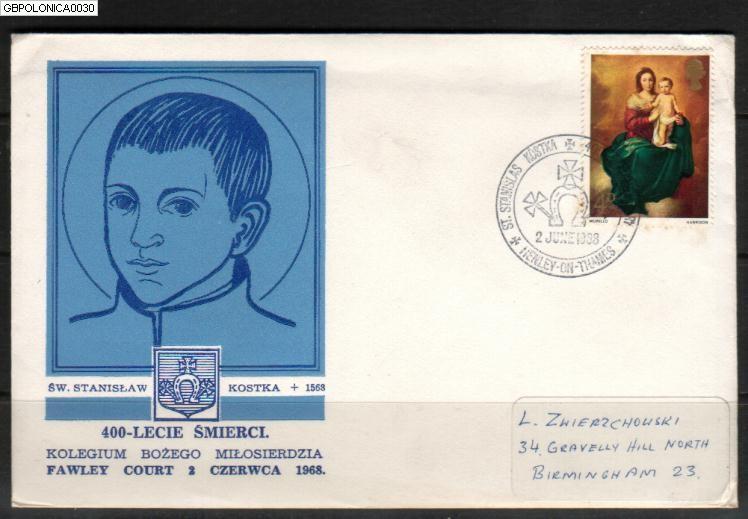 GB POLONICA 1968 400TH DEATH ANNIV SAINT ST STANISLAW KOSTKA COVER FAWLEY COURT HENLEY Poland Polska Religion Christian - Brieven En Documenten