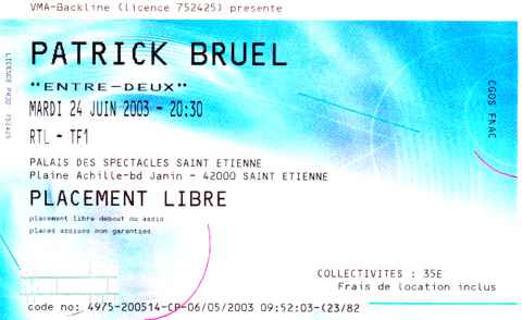 BILLET DE CONCERT P BRUEL TOURNEE ENTRE DEUX - Tickets De Concerts