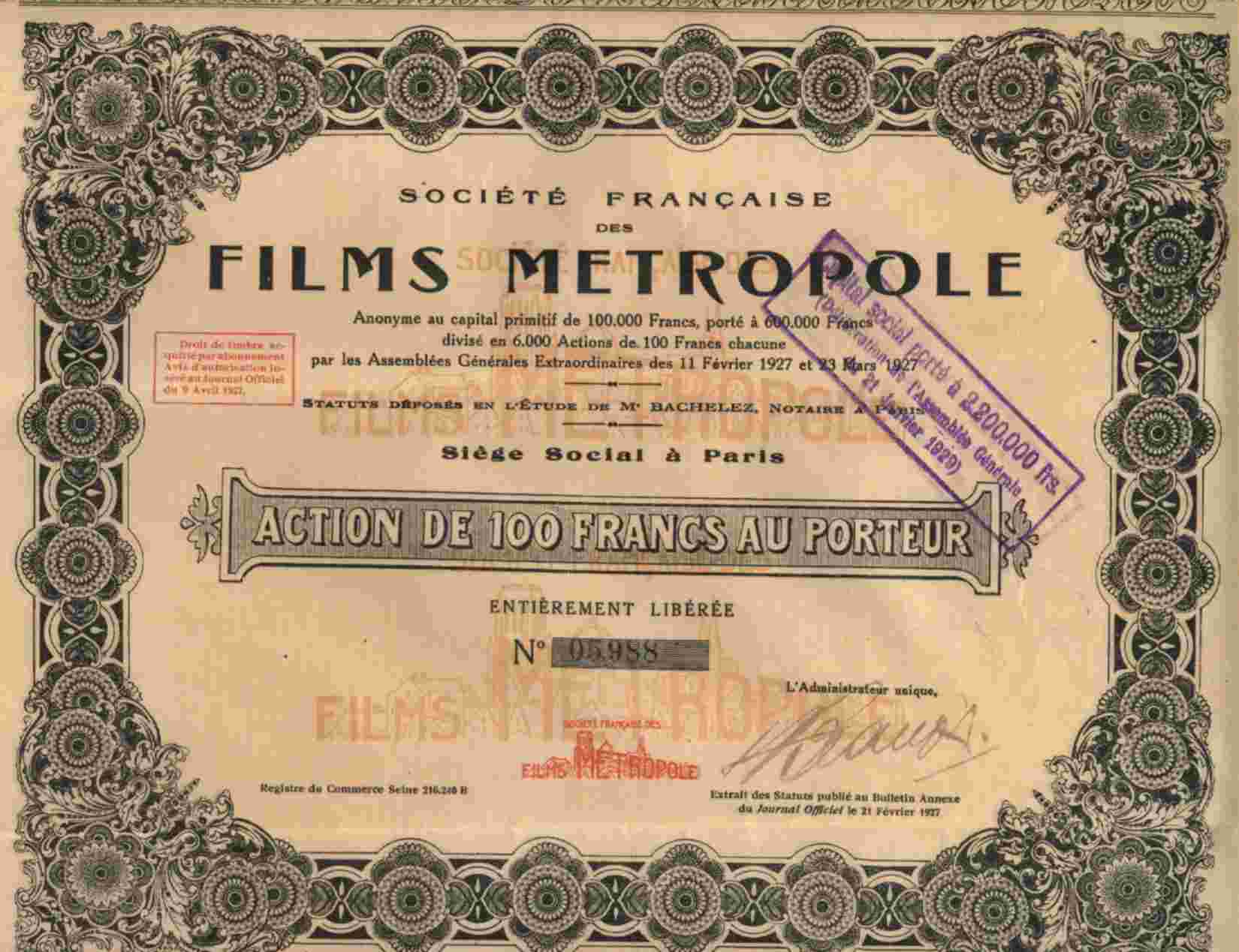 RARE : STE FRANCAISE DES FILMS METROPOLE - Cinéma & Theatre