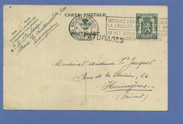 Entier Met Naamstempel PATURAGES - 1935-1949 Small Seal Of The State