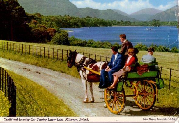 Carte Postale : TRADITIONAL JAUNTING CAR TOURING LOWER LAKE, KILLARNEY, IRELAND ( Voiture à Cheval ) - Kerry