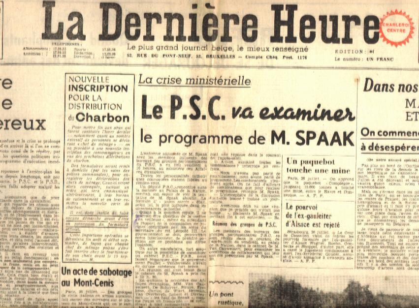 La Dernière Heure Du 27/7/1946 Spaak Ardennes Congo Éléphant Léon Lefèbvre Nuremberg Goering Versailles Robic - Documents Historiques