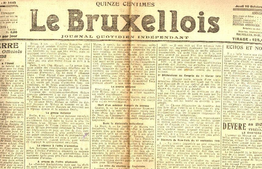 LE BRUXELLOIS (pro-allemand) Du 10/10/1918 Max Wilson Afrique Du Sud Léo Desmet Scala Théâtre Bourse - Documents Historiques