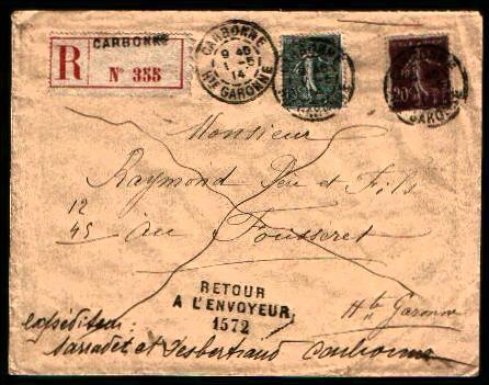 130+139 Sur Lettre Recommandé , Cachet CARBONNE 4/5/14 + RETOUR A L´ENVOYEUR - 1903-60 Sower - Ligned