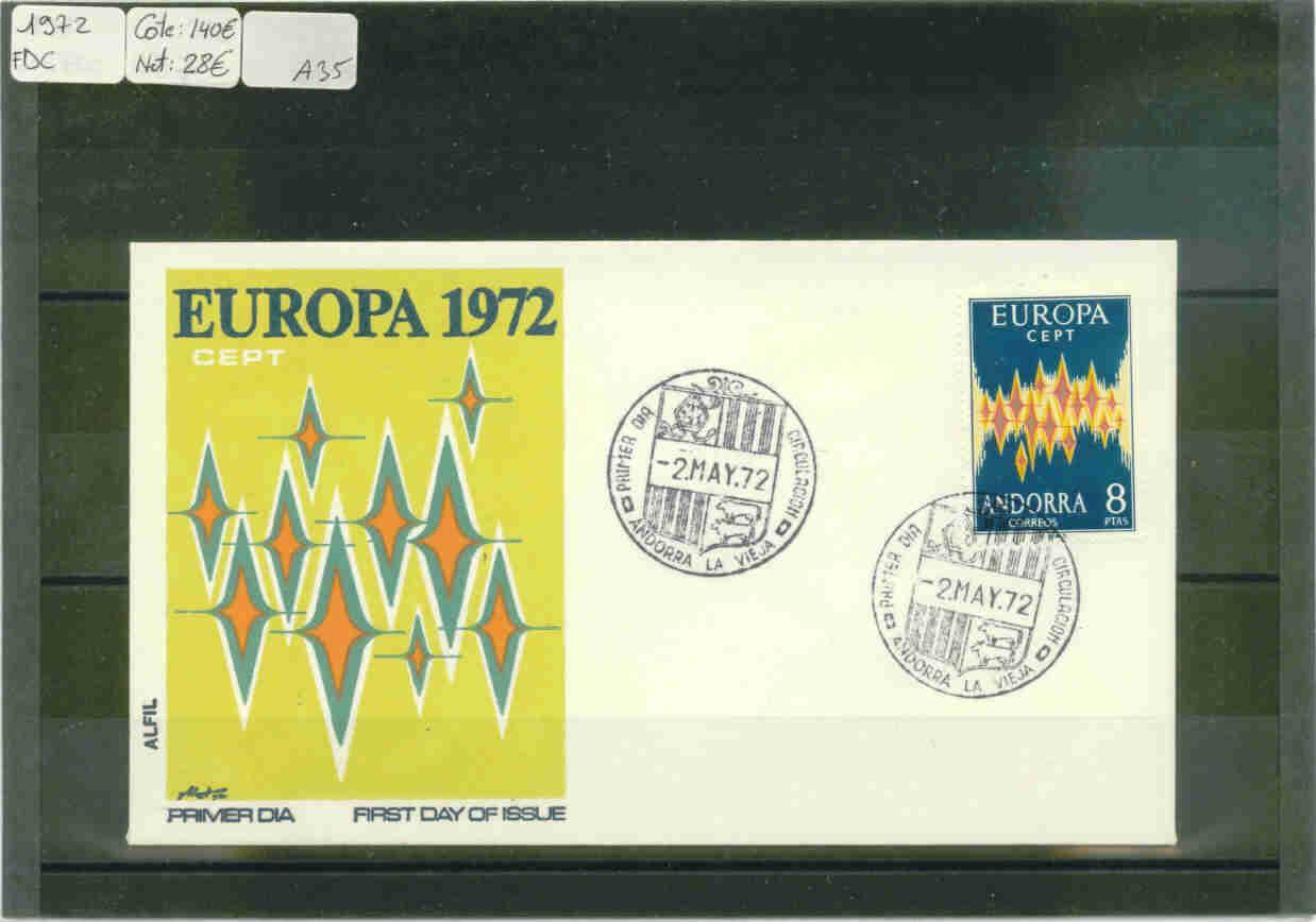 FDC  ANDORRE Espagnol  1972    Cote : 140 € - Brieven En Documenten