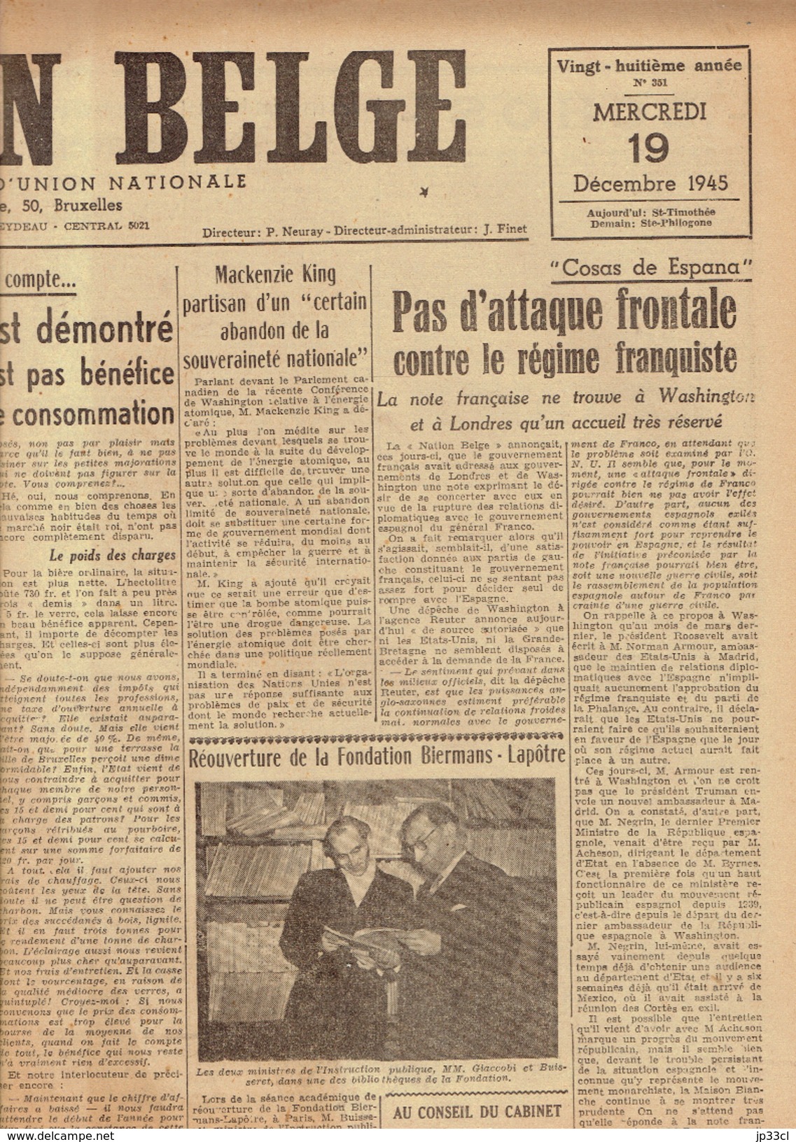 NATION BELGE 19/12/1945 Rosenberg Ostende Halloy Van Laer Decremer Van Hauwermeiren Bois D'Haine Lauwers Biermans - Autres & Non Classés