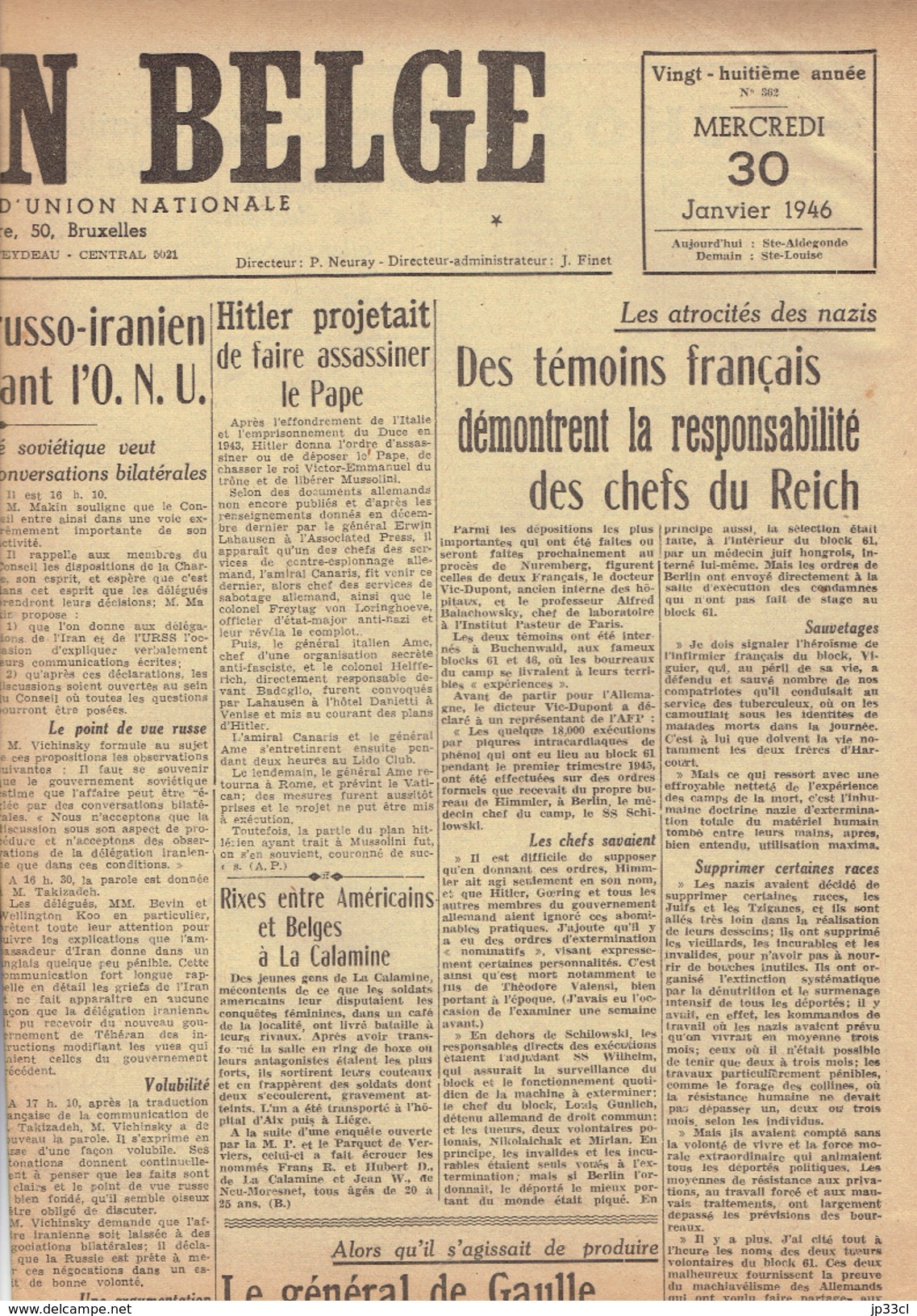 NATION BELGE 30/1/1946 Iran Russie ONU Hitler Pape Churchill Anvers Boxe Sneyers Lhost Balle Pelote - Autres & Non Classés