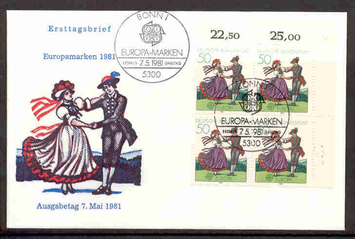 ALLEMAGNE FDC 1981 AVEC A BLOC 4 TIMBRES EUROPA CEPT DANSE RÉGIONALE TYPIQUE - 1981