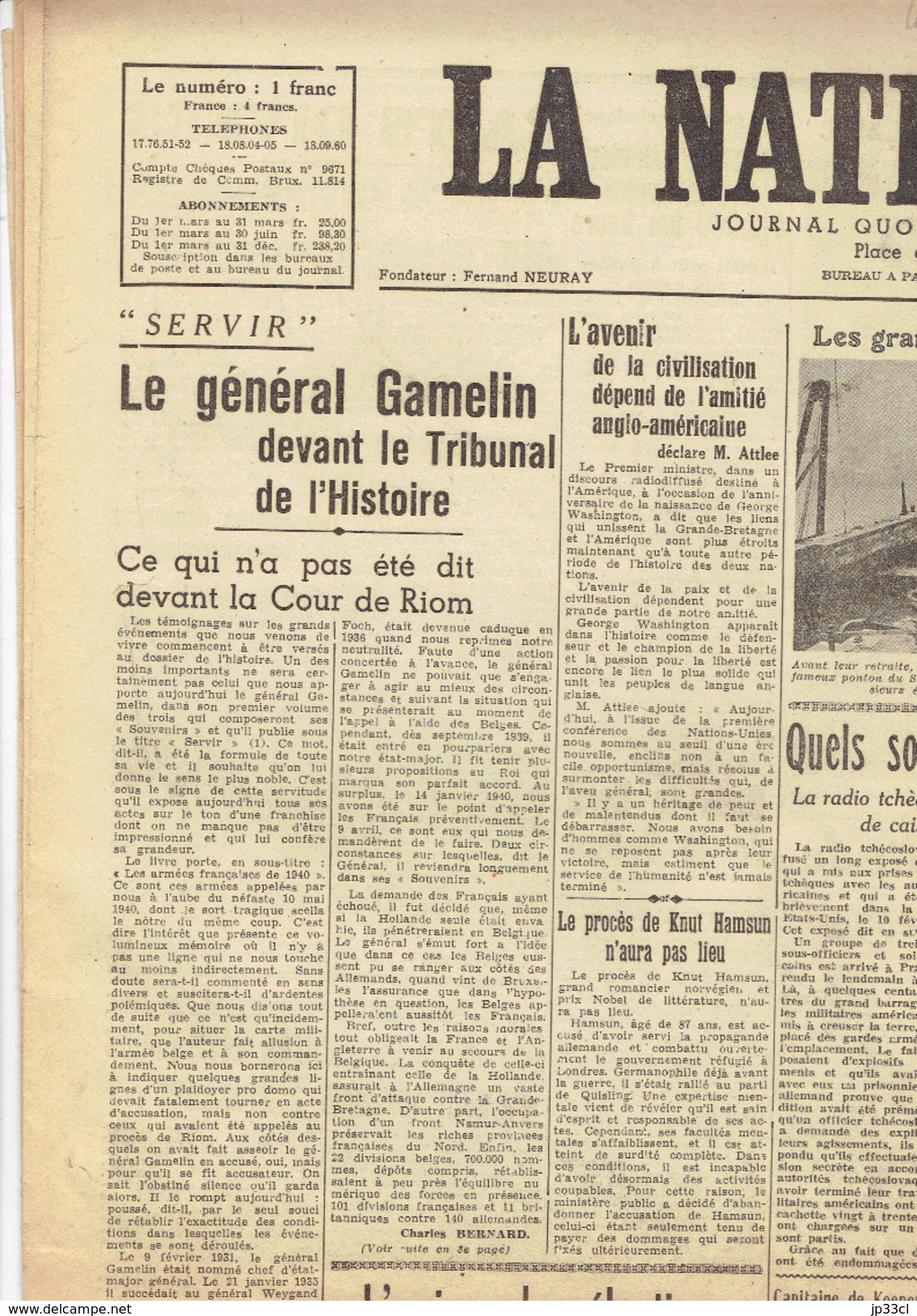 NATION BELGE Du 24/2/1946 Gamelin Indes Hitler Moscou Leningrad Espagne Italie Ath Diables Rouges Decleyn - Other & Unclassified