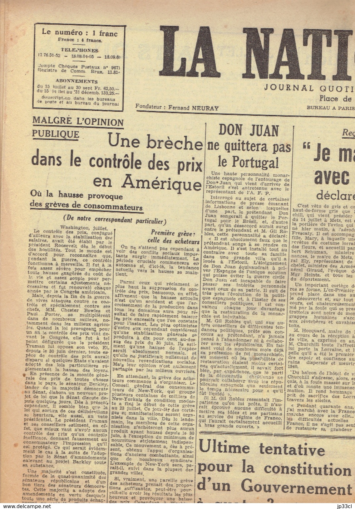 NATION BELGE 16/7/1946 Don Juan Churchill Metz Bikini Mihaïlovitch Pierard Jean L'Aveuglel Ouwerx Semailles Nieuwsbode - Andere & Zonder Classificatie