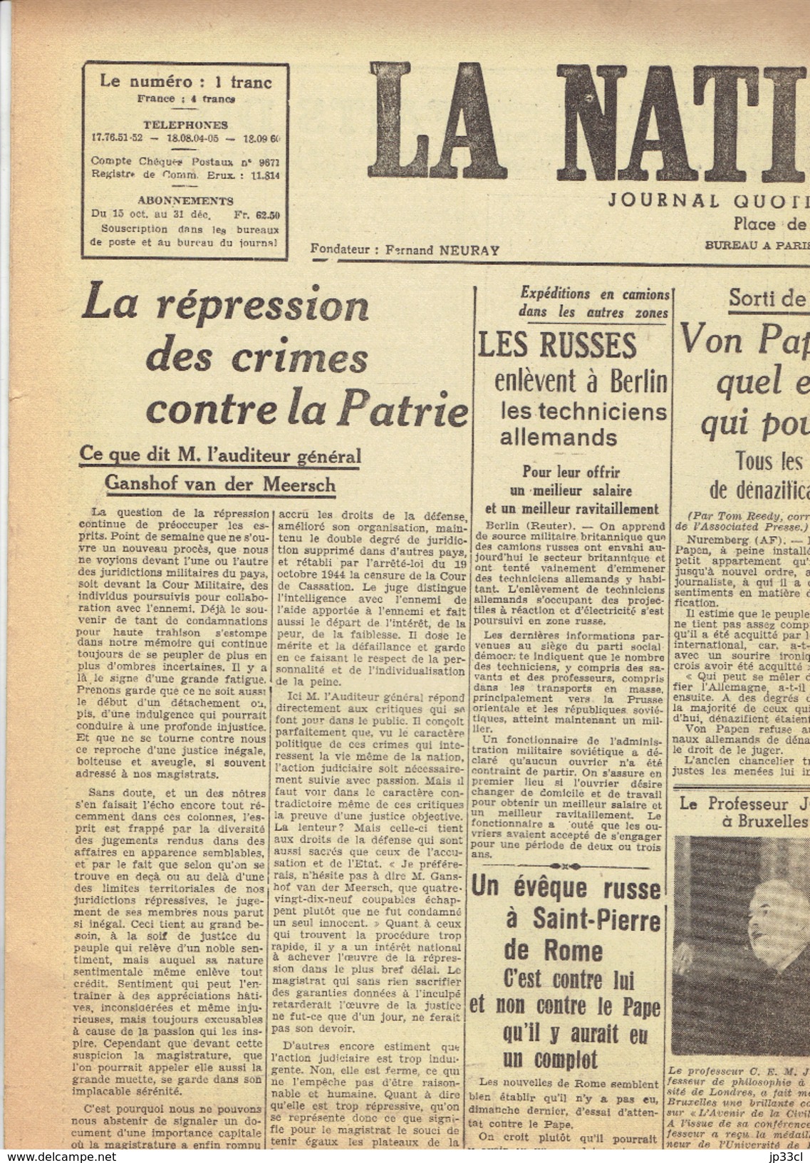 NATION BELGE 25/10/46 Van Der Meersch Von Papen Goering Wilhelmine Fleishmann Poot Van Der Straeten-Ponthoz Goffaux Rutz - Andere & Zonder Classificatie