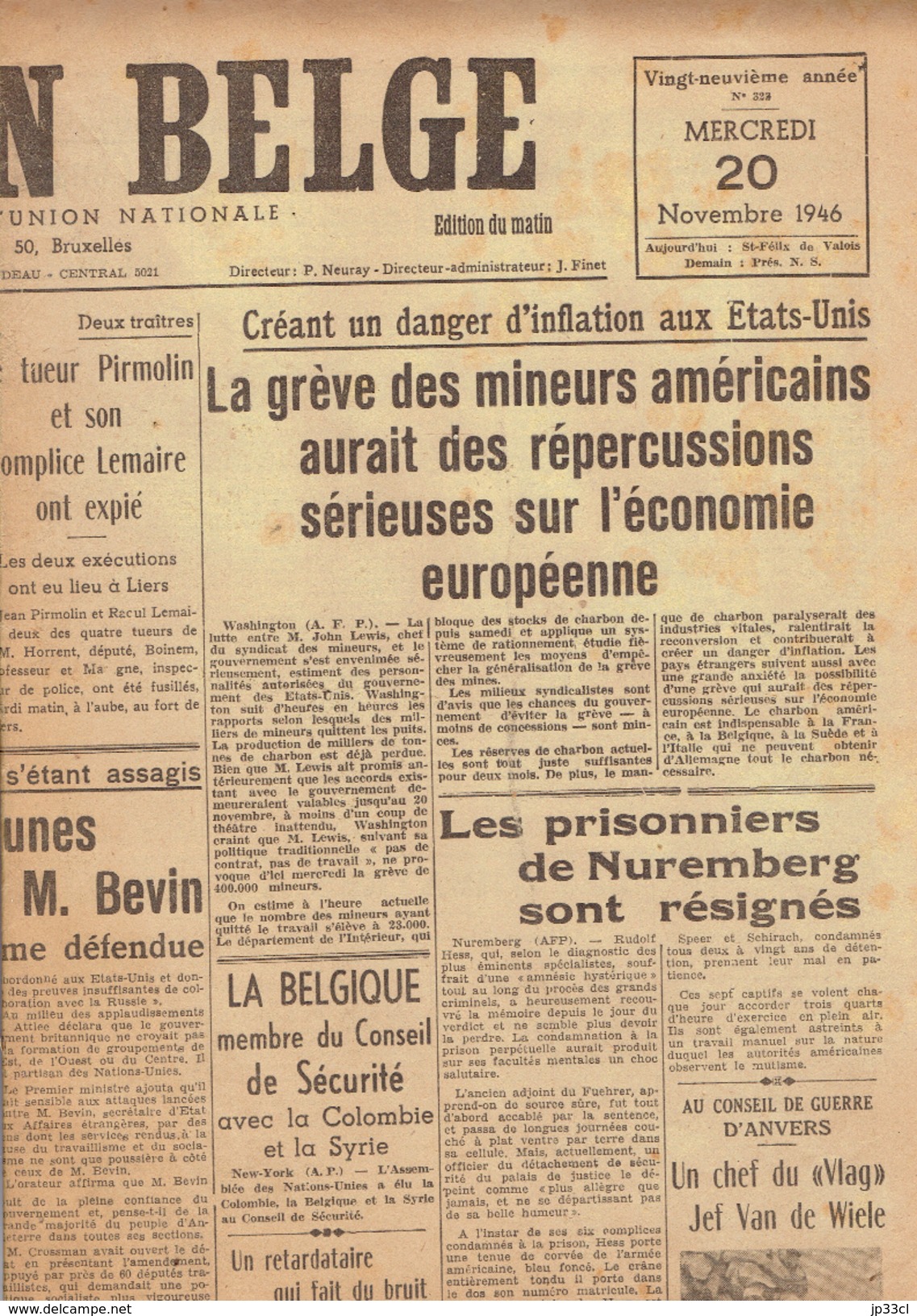 NATION BELGE 20/11/1946 Bevin Huxley Jef Van De Wiele Verwilghen De Voghel Lilar Pierre Wilde Mondelé Séville FAO - Autres & Non Classés