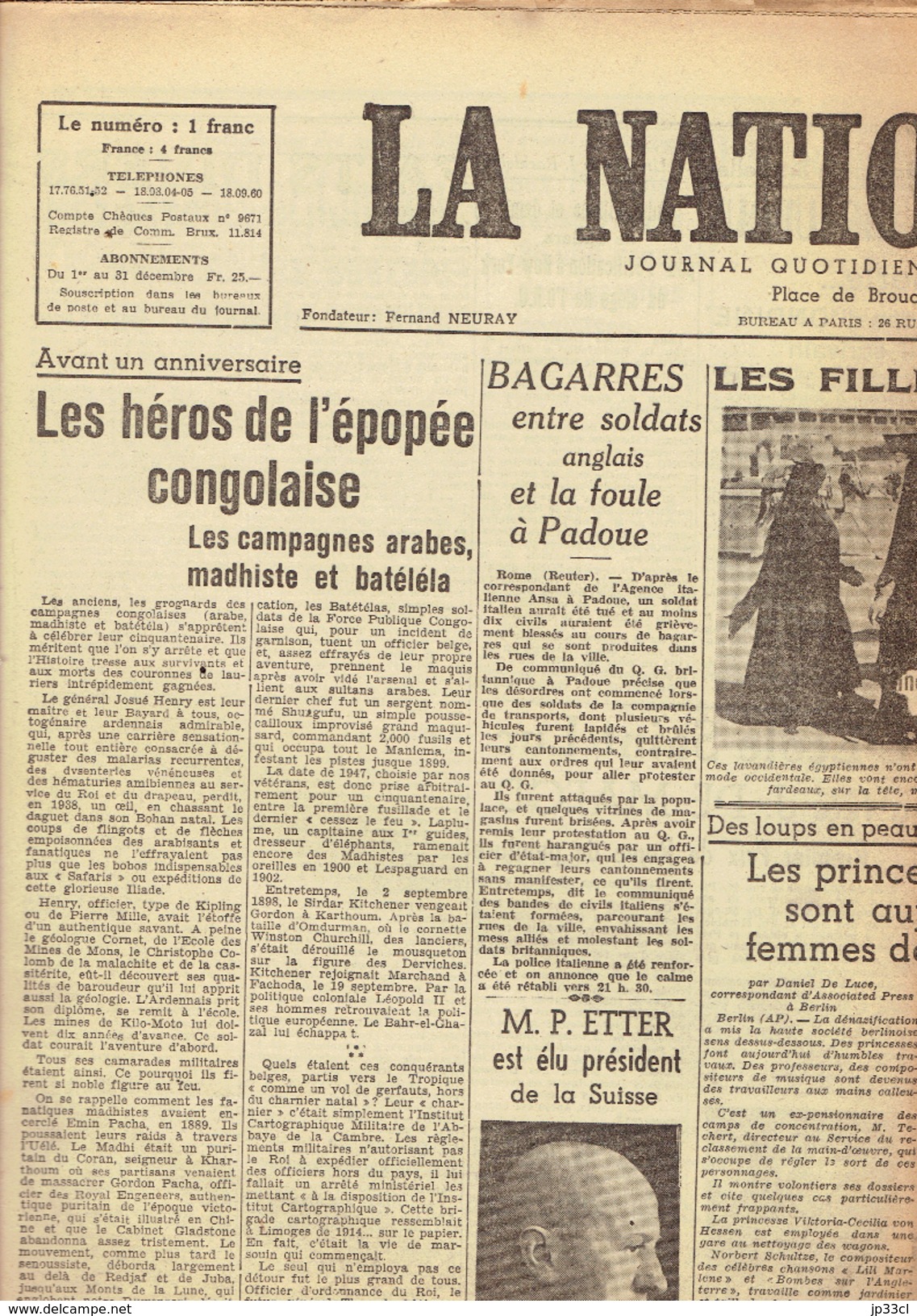 NATION BELGE 13/12/1946 Mahdiste Batéléla Blum Giraudoux Ondine De Maegd Woestyn Claudel Louviot Anouilh Billard Fresnay - Autres & Non Classés