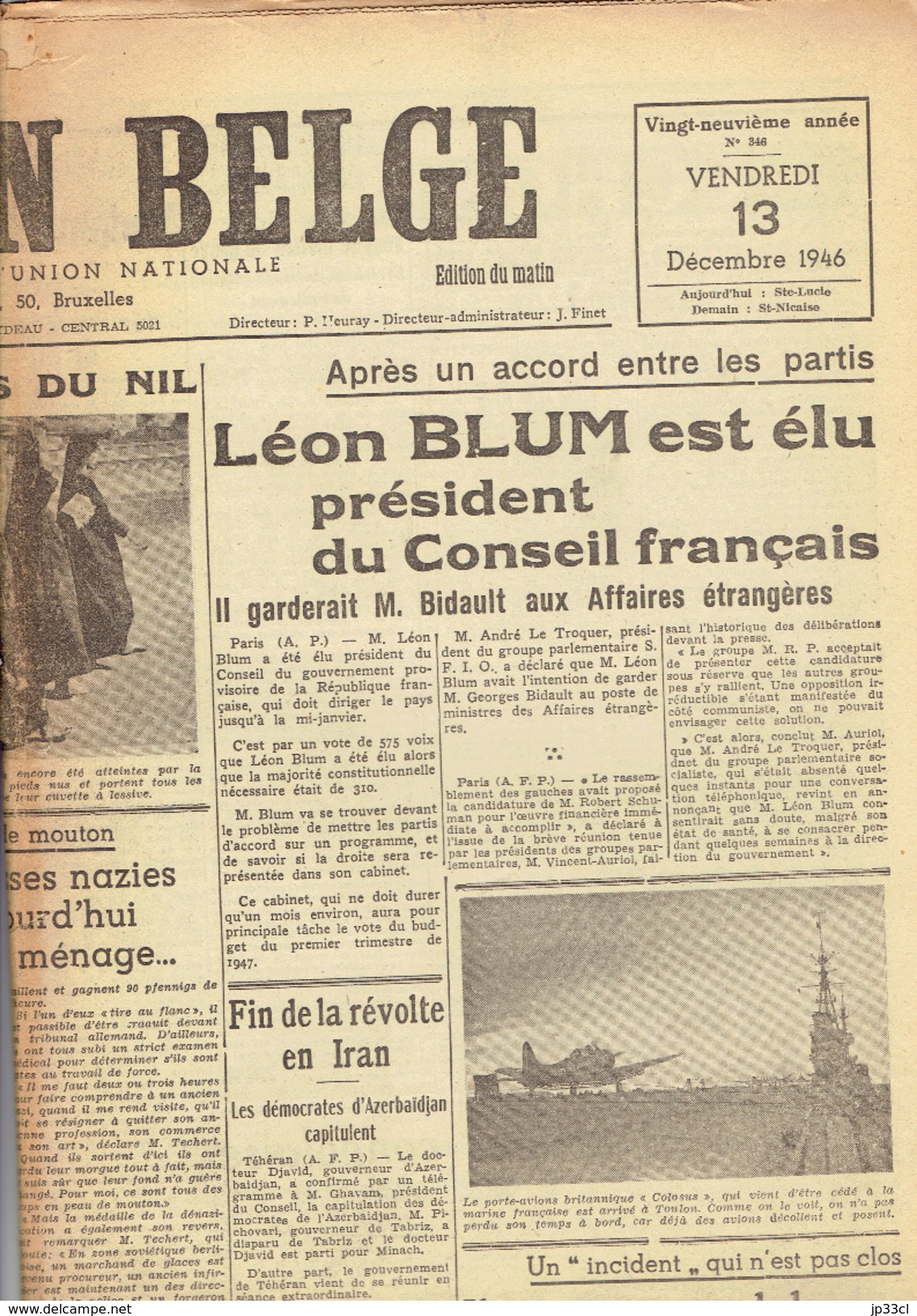 NATION BELGE 13/12/1946 Mahdiste Batéléla Blum Giraudoux Ondine De Maegd Woestyn Claudel Louviot Anouilh Billard Fresnay - Autres & Non Classés