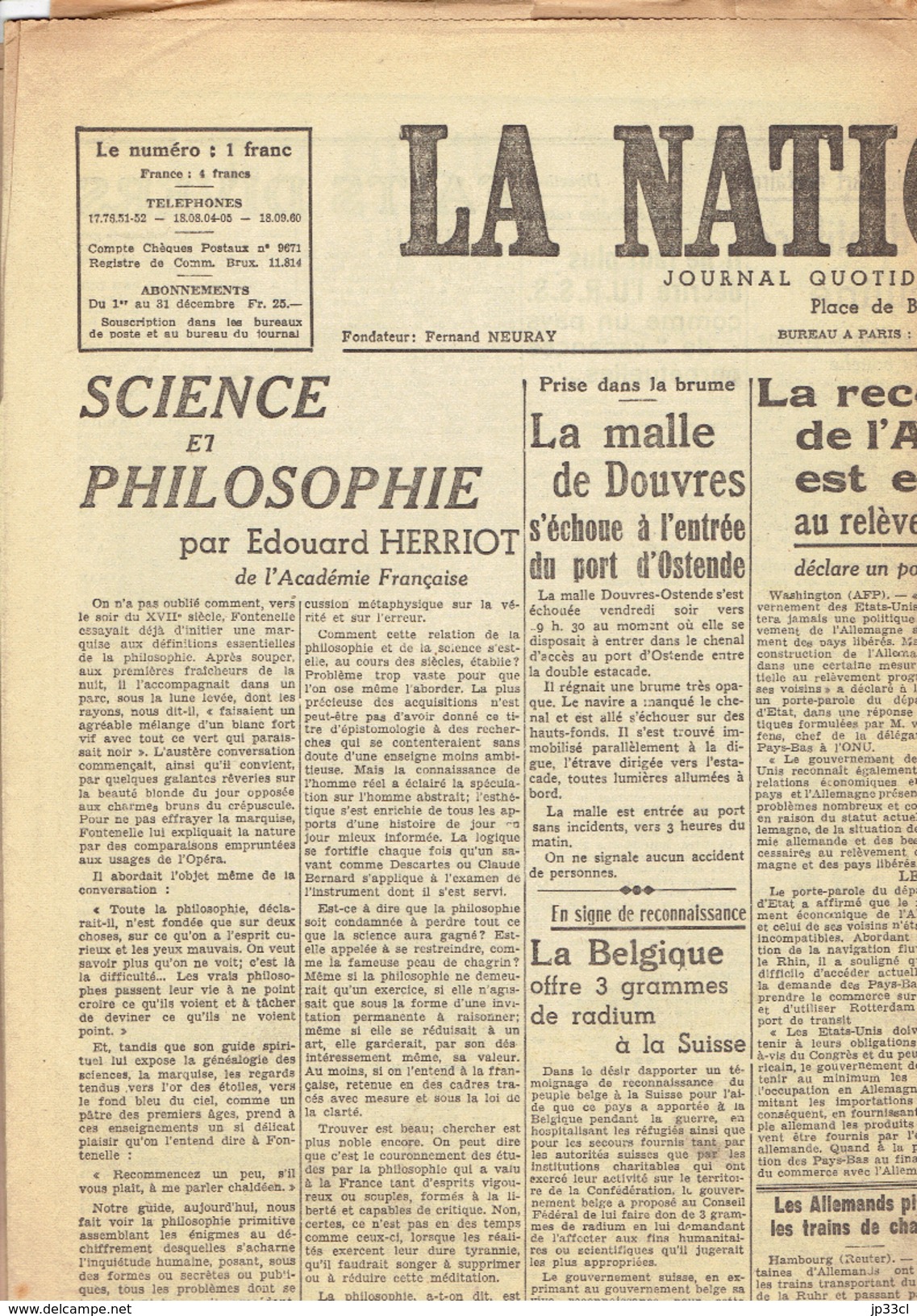 LA NATION BELGE Du 15/12/1946 Herriot Byrnes Ravensbrück Bloy Rouzet Blum Chapelle-lez-Herlaimont Woestyn Salacrou - Andere & Zonder Classificatie