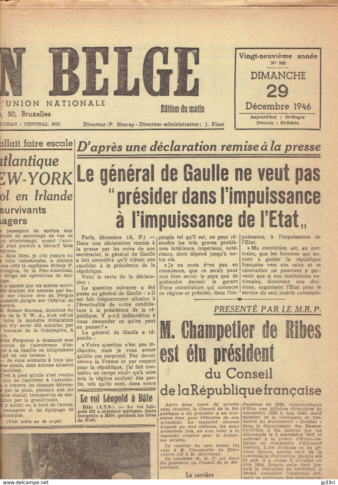 LA NATION BELGE 29/12/1946 Champetier De Ribes Marrakech Dechenne De Haas Luxembourg Racing Lierse Woestyn Jules Roy - Autres & Non Classés