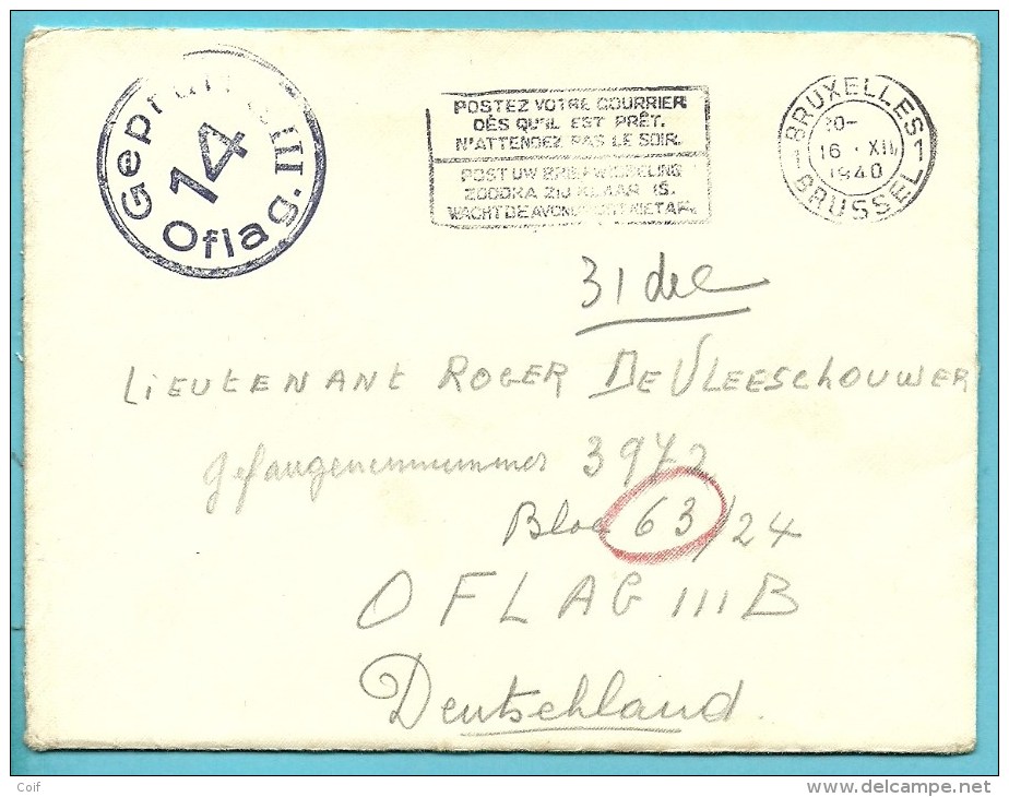 Brief Verzonden Van BRUSSEL Op 16/12/1940 Naar Duitsland, Stempel Gepruft / 14 / Oflag IIIB - Weltkrieg 1939-45 (Briefe U. Dokumente)